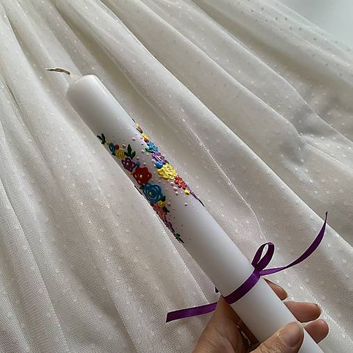 Ručne maľovaná krstná svieca s personalizáciou – 35 cm, biely vosk