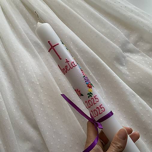 Ručne maľovaná krstná svieca s personalizáciou – 35 cm, biely vosk