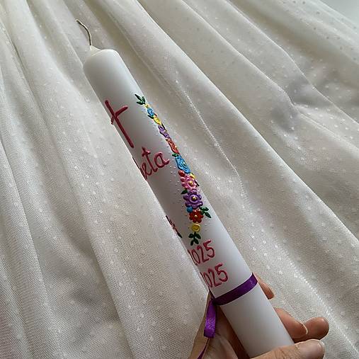 Ručne maľovaná krstná svieca s personalizáciou – 35 cm, biely vosk