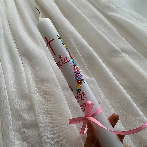 Ručne maľovaná krstná svieca s personalizáciou – 35 cm, biely vosk
