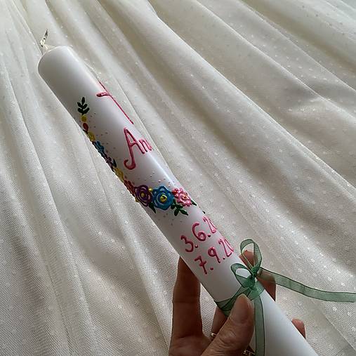 Ručne maľovaná krstná svieca s personalizáciou – 35 cm, biely vosk