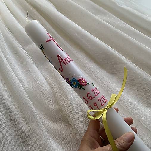 Ručne maľovaná krstná svieca s personalizáciou – 35 cm, biely vosk