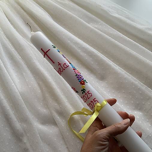 Ručne maľovaná krstná svieca s personalizáciou – 35 cm, biely vosk