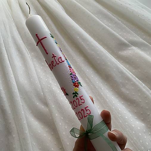 Ručne maľovaná krstná svieca s personalizáciou – 35 cm, biely vosk