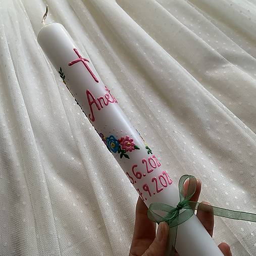 Ručne maľovaná krstná svieca s personalizáciou – 35 cm, biely vosk