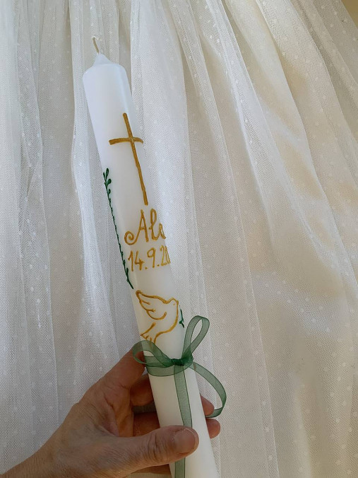 Ručne maľovaná krstná svieca s personalizáciou – 35 cm, biely vosk