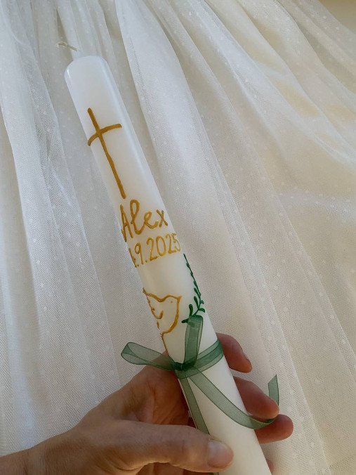 Ručne maľovaná krstná svieca s personalizáciou – 35 cm, biely vosk