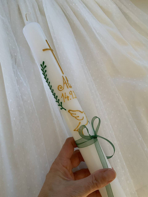 Ručne maľovaná krstná svieca s personalizáciou – 35 cm, biely vosk