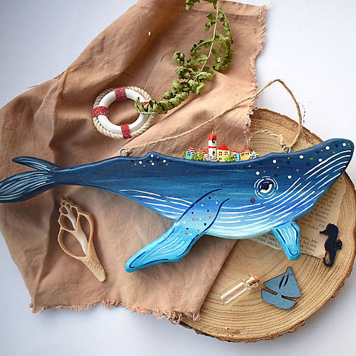 Dekorácie - Modrá veľryba s majákom - 17709514_