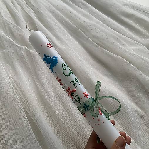 Ručne maľovaná krstná svieca s personalizáciou – 35 cm, biely vosk