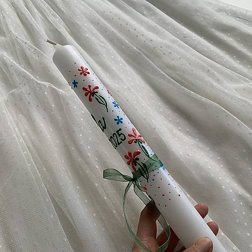 Ručne maľovaná krstná svieca s personalizáciou – 35 cm, biely vosk