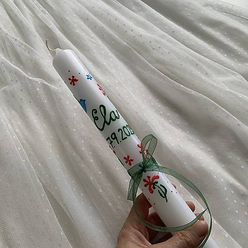 Ručne maľovaná krstná svieca s personalizáciou – 35 cm, biely vosk