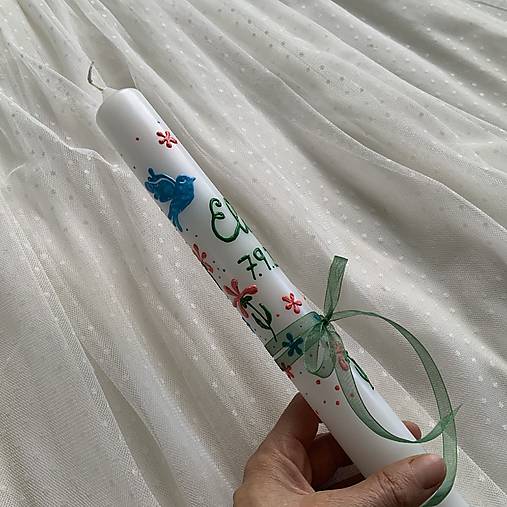 Ručne maľovaná krstná svieca s personalizáciou – 35 cm, biely vosk