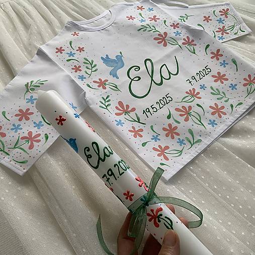 Ručne maľovaná krstná svieca s personalizáciou – 35 cm, biely vosk
