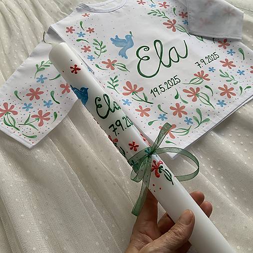 Ručne maľovaná krstná svieca s personalizáciou – 35 cm, biely vosk
