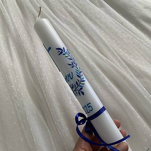Ručne maľovaná krstná svieca s personalizáciou – 35 cm, biely vosk