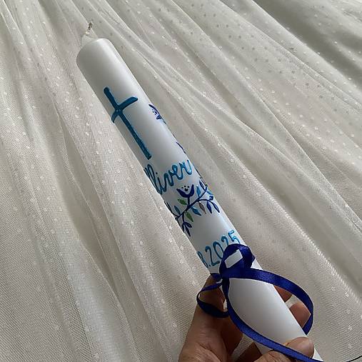 Ručne maľovaná krstná svieca s personalizáciou – 35 cm, biely vosk