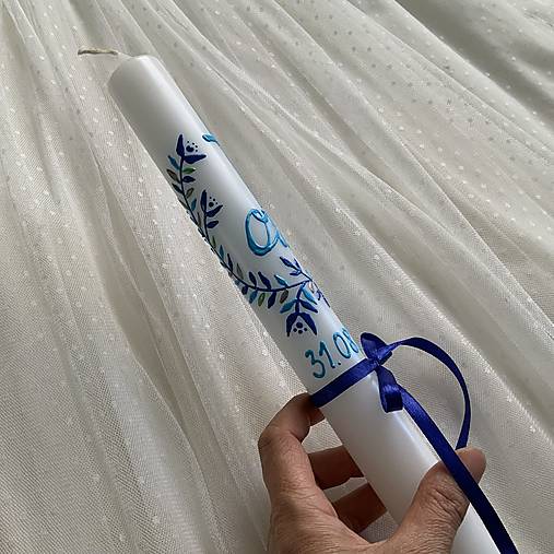 Ručne maľovaná krstná svieca s personalizáciou – 35 cm, biely vosk