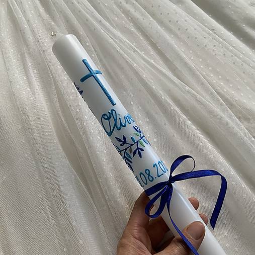 Ručne maľovaná krstná svieca s personalizáciou – 35 cm, biely vosk
