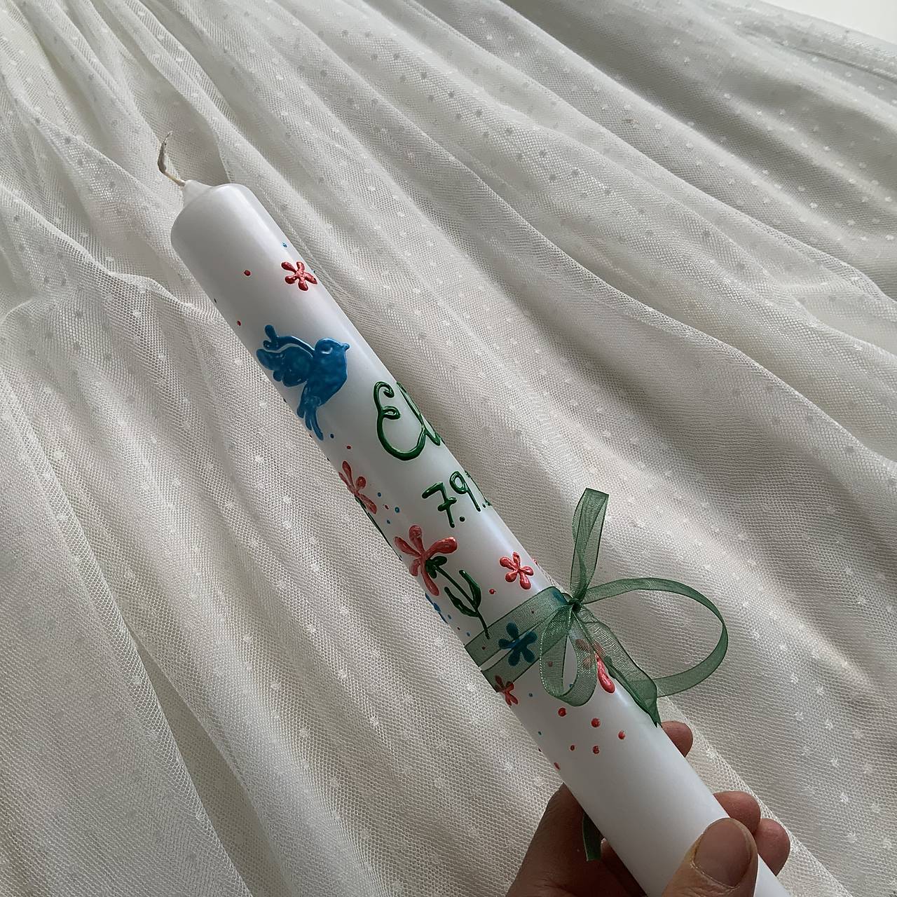 Ručne maľovaná krstná svieca s personalizáciou – 35 cm, biely vosk