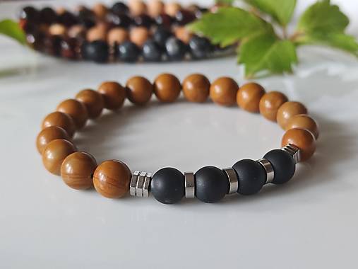 Pánske šperky - Pánsky náramok z jaspisu woodgrain s čiernym matným ónyxom - 17710329_