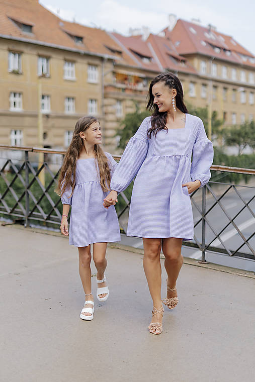 Šaty - Wafflové PUFF šaty - MAMA A DCÉRA – lila - 17711969_