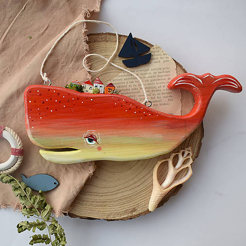 Dekorácie - Drevená veľryba, oranžová - 17713815_