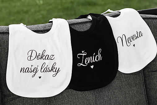 Iné doplnky - Set svadobných podbradníkov ČB (Nevesta + Ženích + Dôkaz našej lásky) - 17714420_