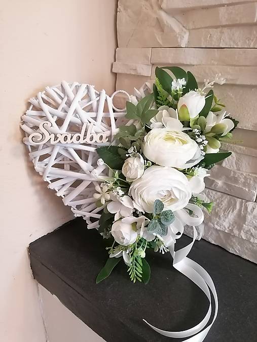 Dekorácie - Greenery srdce bielo-ivory s nápisom 27cm - 17715732_