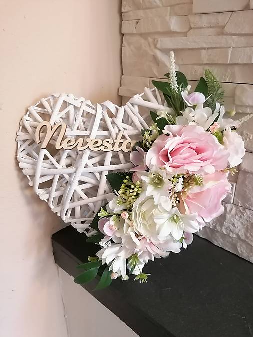 Dekorácie - Srdce ružovo ivory s mašlou 32cm s nápisom  (Nápis Svadba) - 17715755_