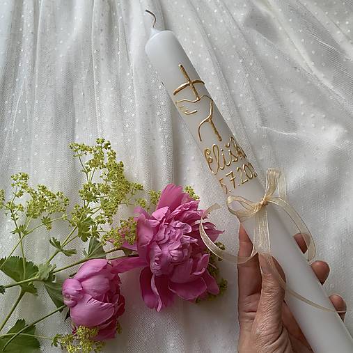 Ručne maľovaná krstná svieca s personalizáciou – 35 cm, biely vosk (pestrofarebná)
