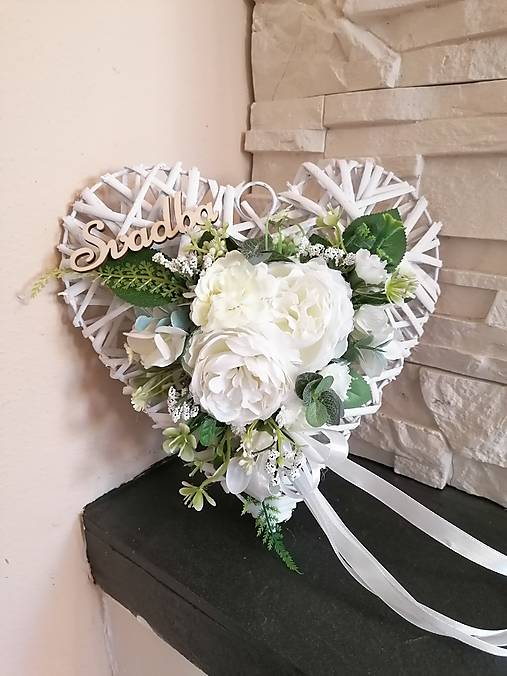 Dekorácie - Greenery srdce bielo-ivory s nápisom 27cm - 17717074_