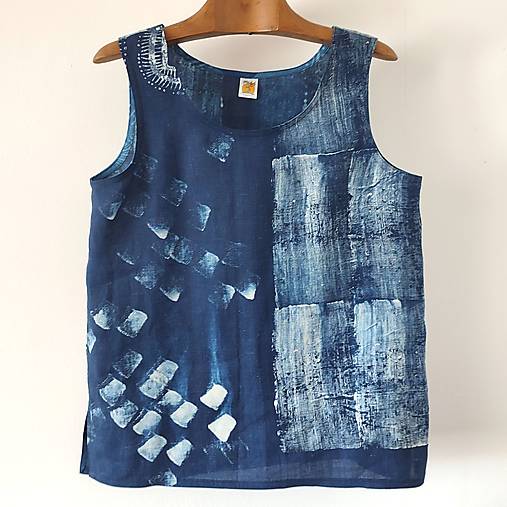 Topy, tričká, tielka - STRUKTURY - modrotiskové lněné tílko - 17720029_