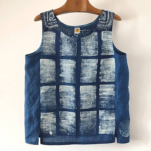 Topy, tričká, tielka - OTISKY - modrotiskové lněné tílko - 17720799_