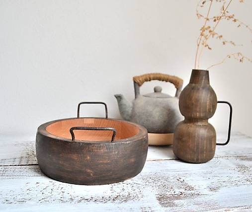 Nádoby - Drevená miska s kovovými ušami - 17724415_