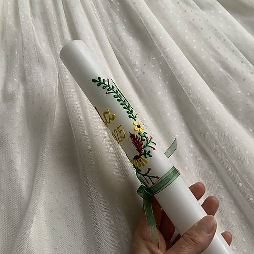 Ručne maľovaná krstná svieca s personalizáciou – 35 cm, biely vosk