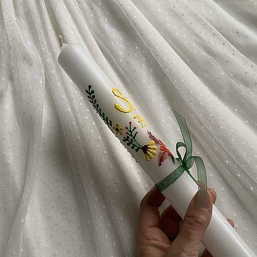 Ručne maľovaná krstná svieca s personalizáciou – 35 cm, biely vosk