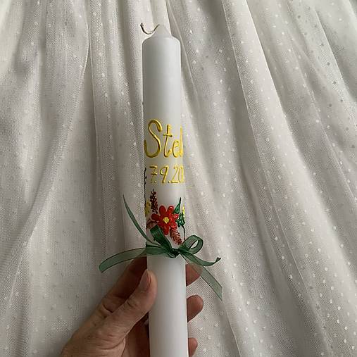 Ručne maľovaná krstná svieca s personalizáciou – 35 cm, biely vosk