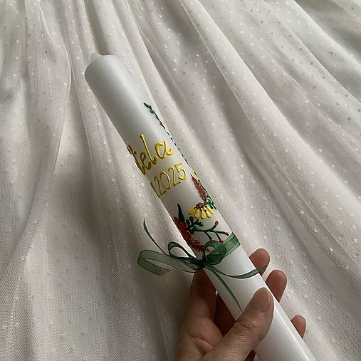 Ručne maľovaná krstná svieca s personalizáciou – 35 cm, biely vosk