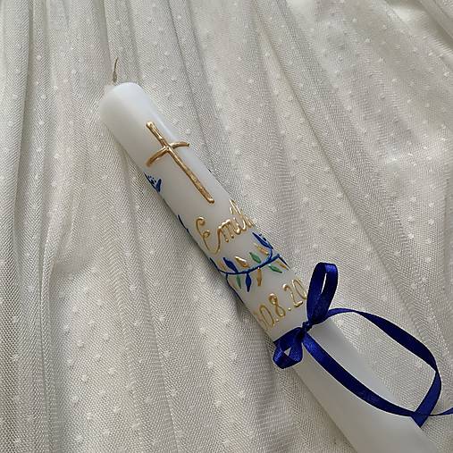 Ručne maľovaná krstná svieca s personalizáciou – 35 cm, biely vosk (Zlatomodrá)