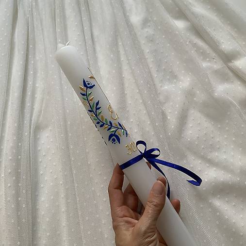 Ručne maľovaná krstná svieca s personalizáciou – 35 cm, biely vosk (Zlatomodrá)