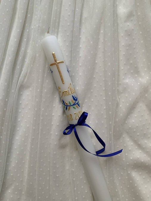 Ručne maľovaná krstná svieca s personalizáciou – 35 cm, biely vosk (Zlatomodrá)