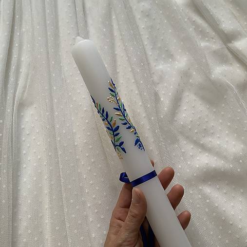 Ručne maľovaná krstná svieca s personalizáciou – 35 cm, biely vosk (Zlatomodrá)