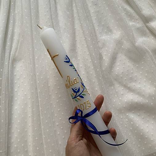 Ručne maľovaná krstná svieca s personalizáciou – 35 cm, biely vosk (Zlatomodrá)