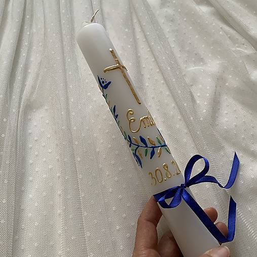 Ručne maľovaná krstná svieca s personalizáciou – 35 cm, biely vosk (Zlatomodrá)