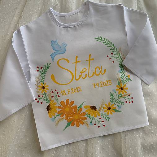 Krstná košieľka maľovaná s holubicou / kvetinkovaná