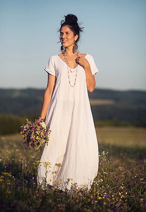 Šaty - Lněné maxišaty Bílé - 17725031_