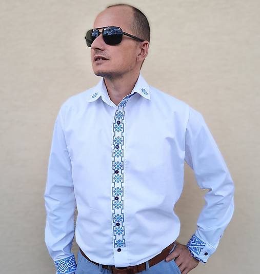 Pánske oblečenie -  Folkórna pánska košeľa s krížikovou výšivkou   - 17732092_