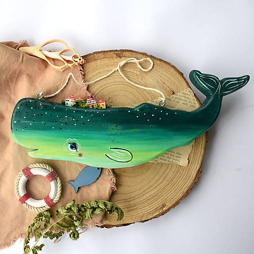 Dekorácie - Zelená veľryba s mini domčekmi  - 17734182_