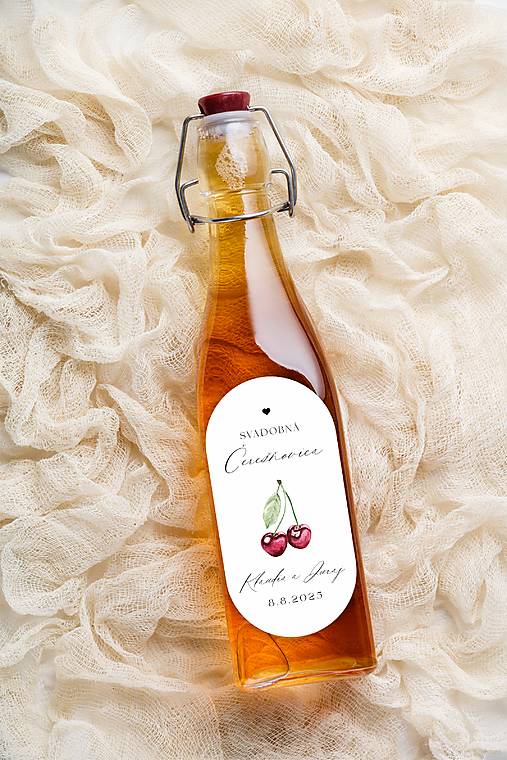 Úložné priestory & Organizácia - Nálepky oválne na svadobnú pálenku 293 ilustrácia čerešňa - 17736076_